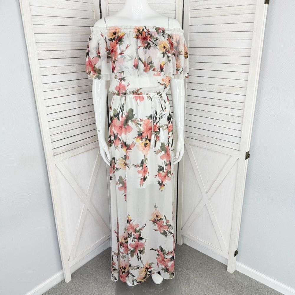 White House Black Market Chiffon Floral Off The Shoulder Maxi Dress White XXS
